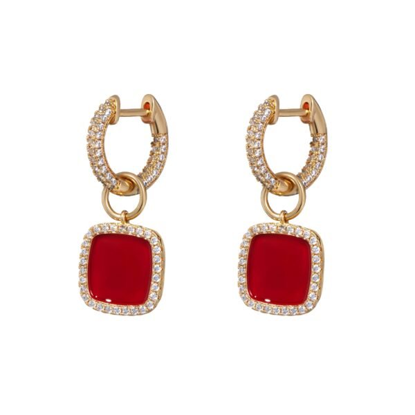 Zircon encrusted hoop earrings available in gold. Brass squares with 18 carat Gold plating encases an enamel square that dangles in Red.