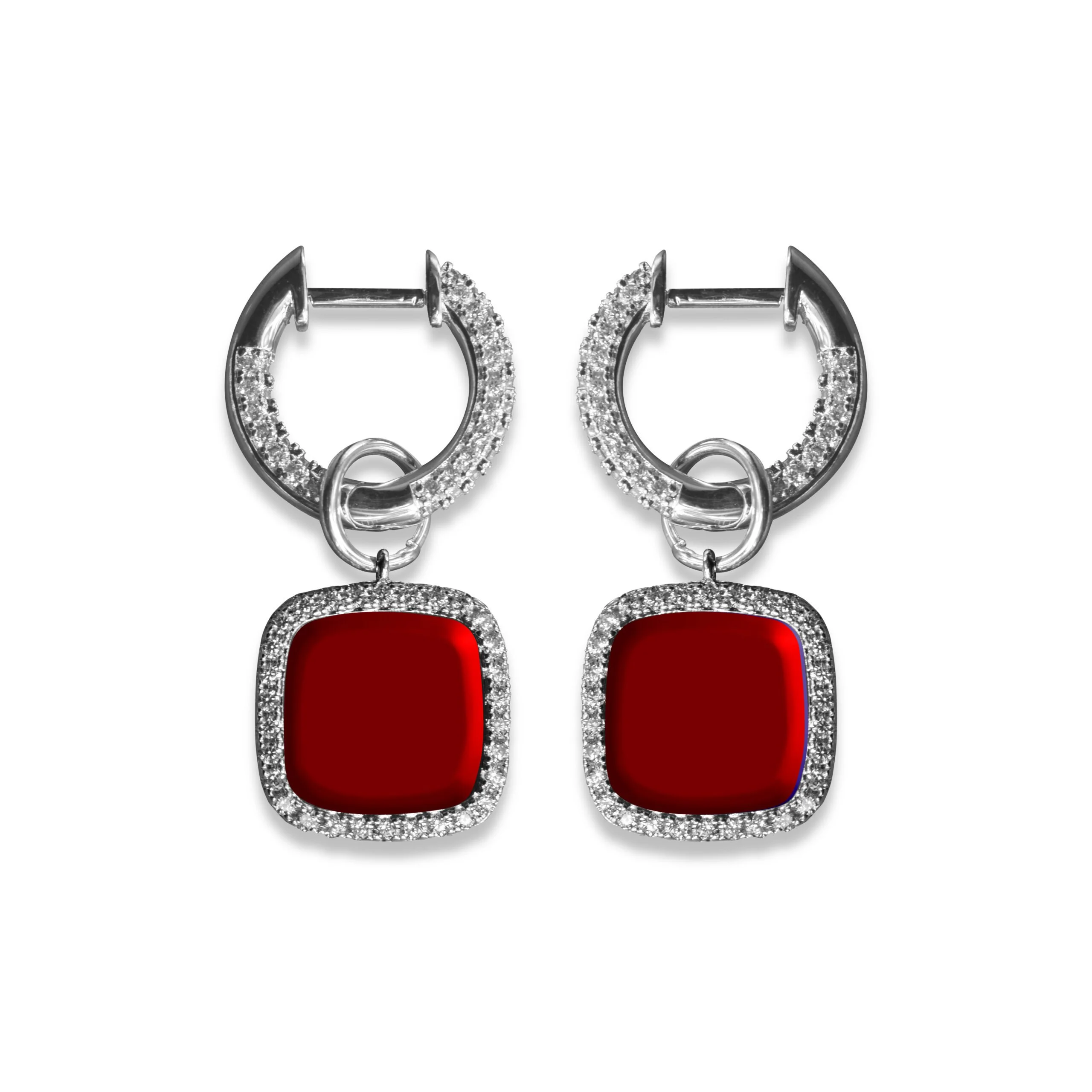 Product Shot Zircon encrusted hoop earrings available in silver. Brass squares with rhodium plating encases an enamel square that dangles in Red.