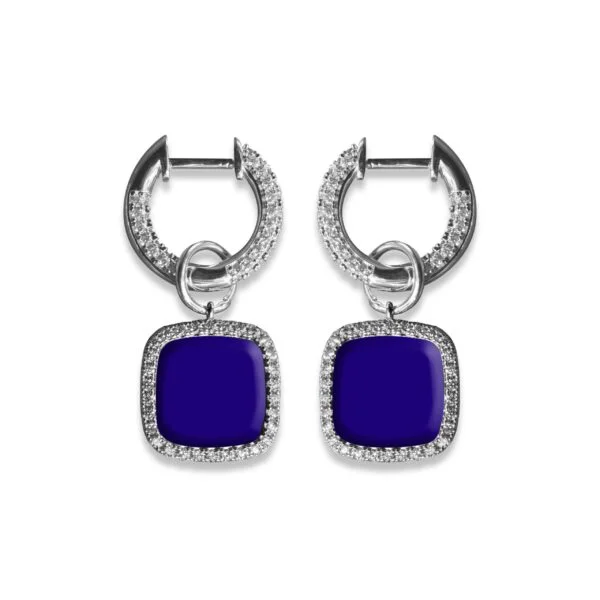 Zircon encrusted hoop earrings available in silver. Brass squares with rhodium plating encases an enamel square that dangles in Red.