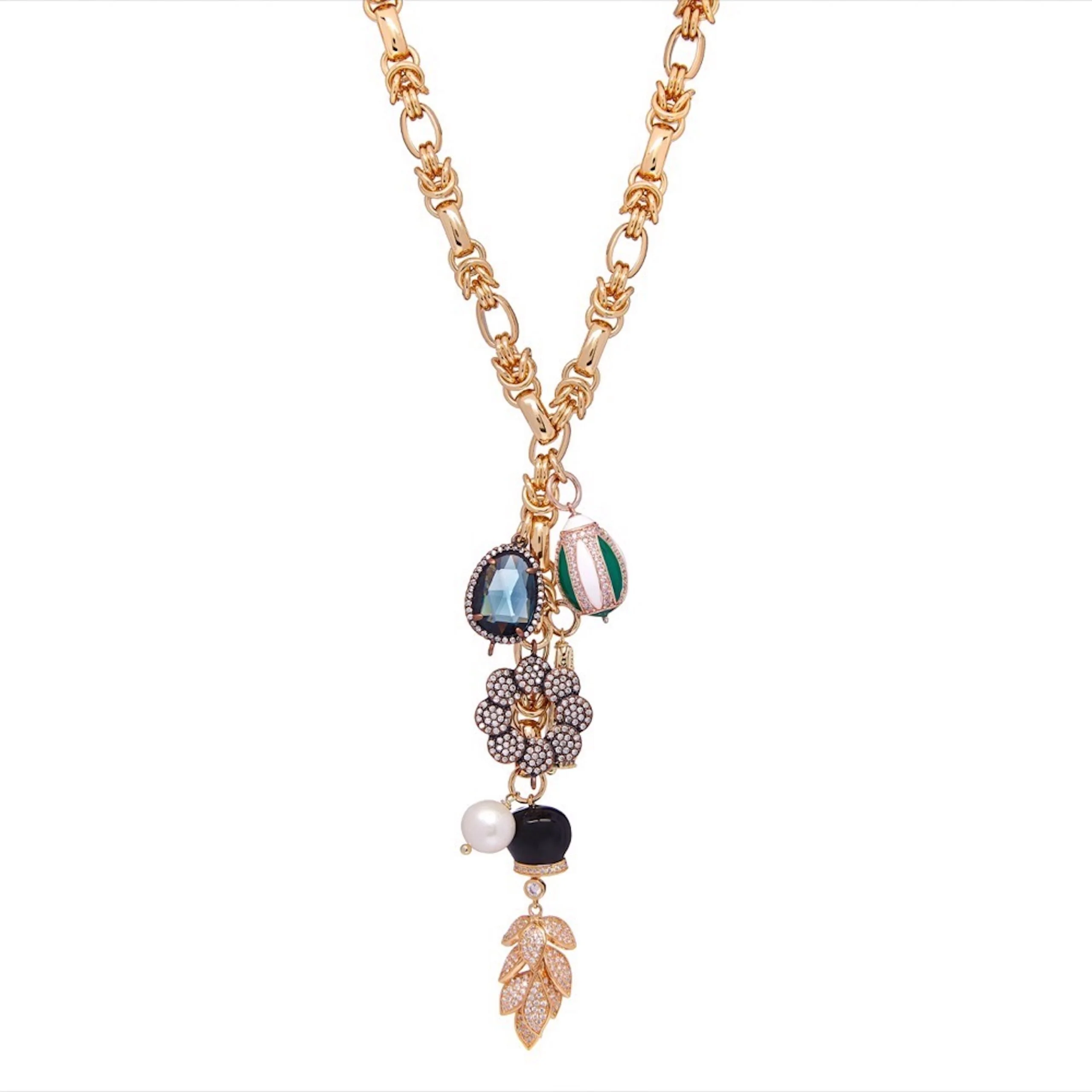 Product-Shot-scaled-3.jpeg Intricate 18 carat Gold plated brass chain leading to a cluster of charms. Dangling charms made of white shell pearl